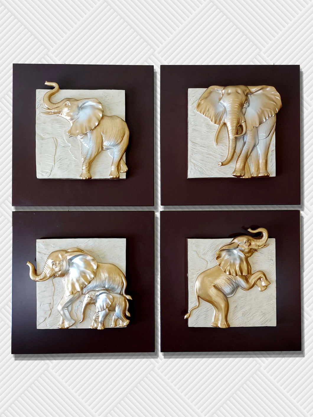 Elephants Modern 3D Stone Carving Wall Art - Set of 4