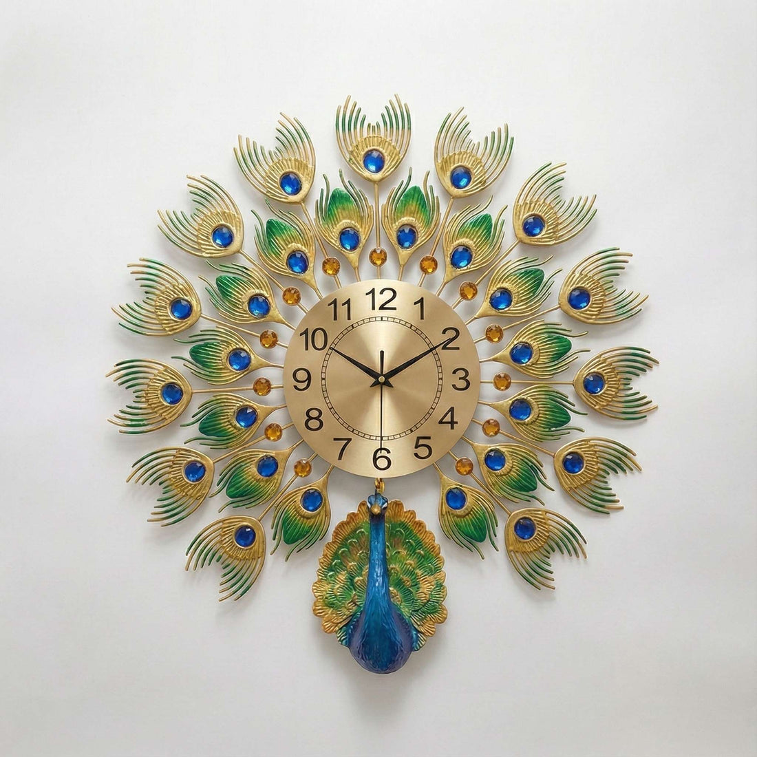 Luxurious Large Peacock Wall Clock - Gold &amp; Blue Jeweled Metal Art Decor (55cm)