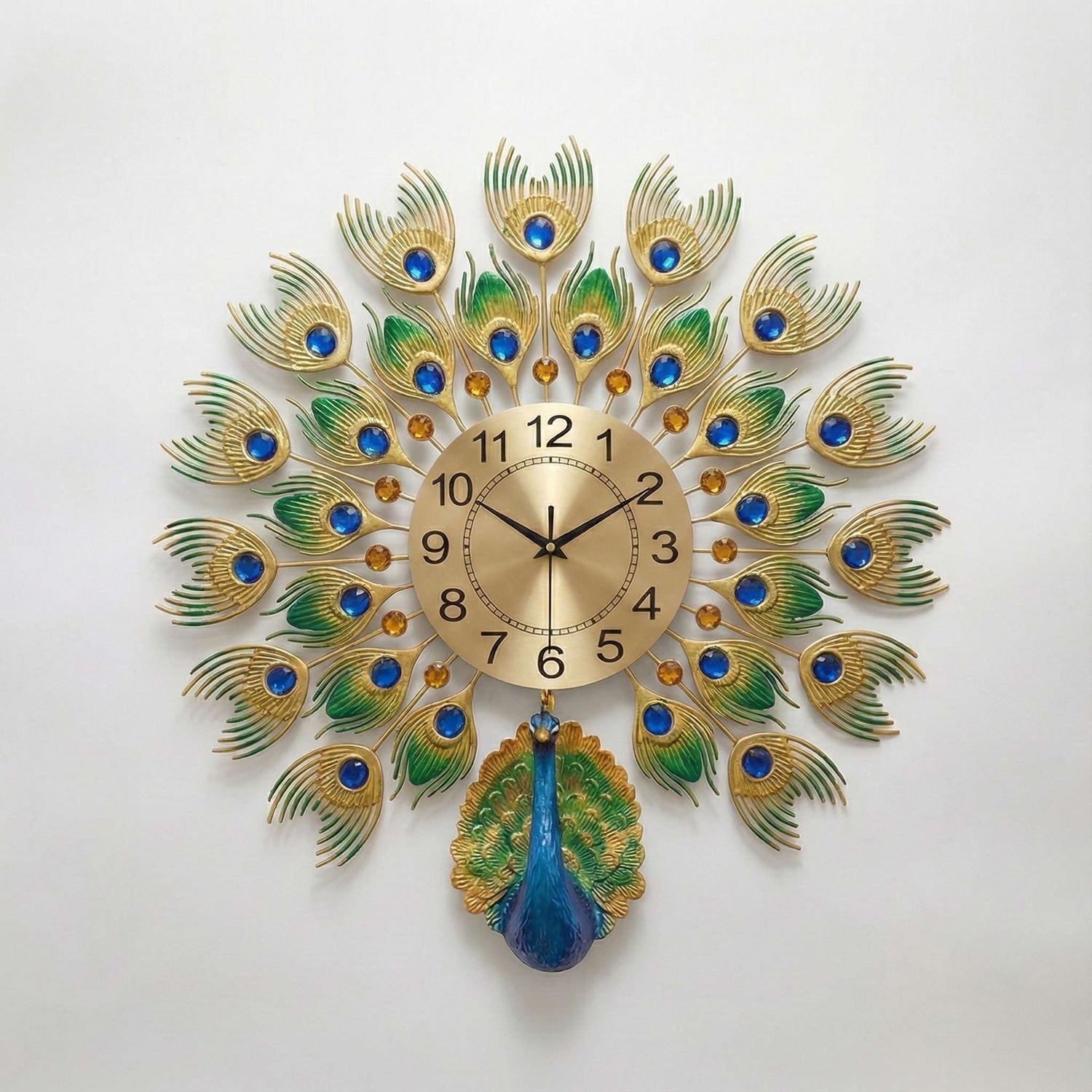 Luxurious Large Peacock Wall Clock - Gold &amp; Blue Jeweled Metal Art Decor (55cm)
