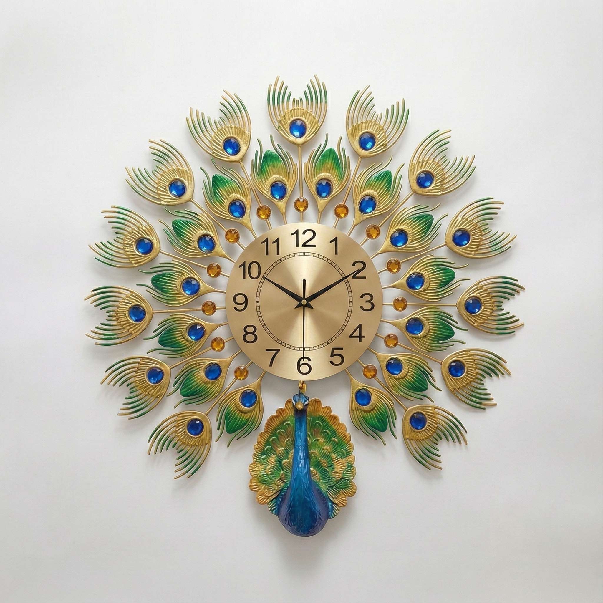 Luxurious Large Peacock Wall Clock - Gold &amp; Blue Jeweled Metal Art Decor (55cm)