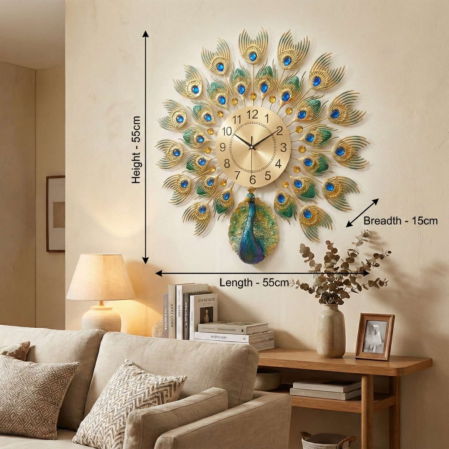 Luxurious Large Peacock Wall Clock - Gold &amp; Blue Jeweled Metal Art Decor (55cm)