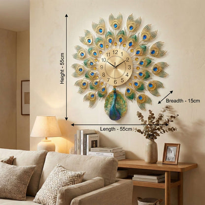 Luxurious Large Peacock Wall Clock - Gold & Blue Jeweled Metal Art Decor (55cm)