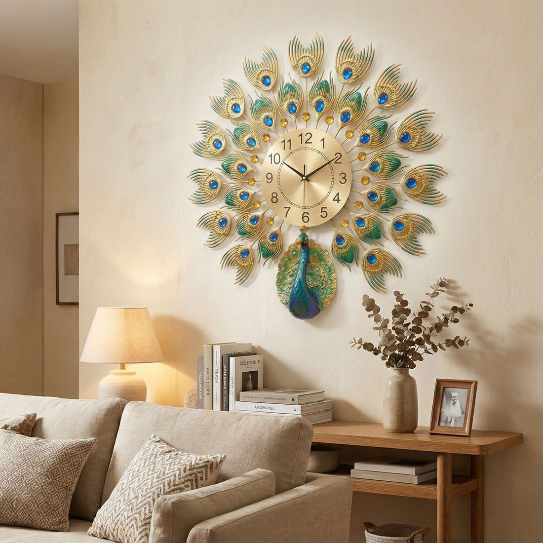 Luxurious Large Peacock Wall Clock - Gold &amp; Blue Jeweled Metal Art Decor (55cm)