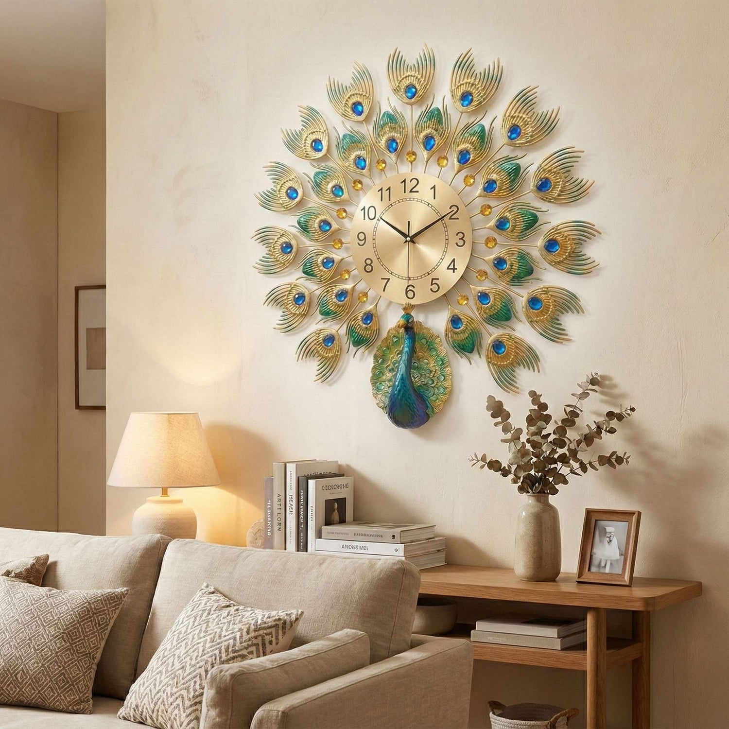 Luxurious Large Peacock Wall Clock - Gold &amp; Blue Jeweled Metal Art Decor (55cm)