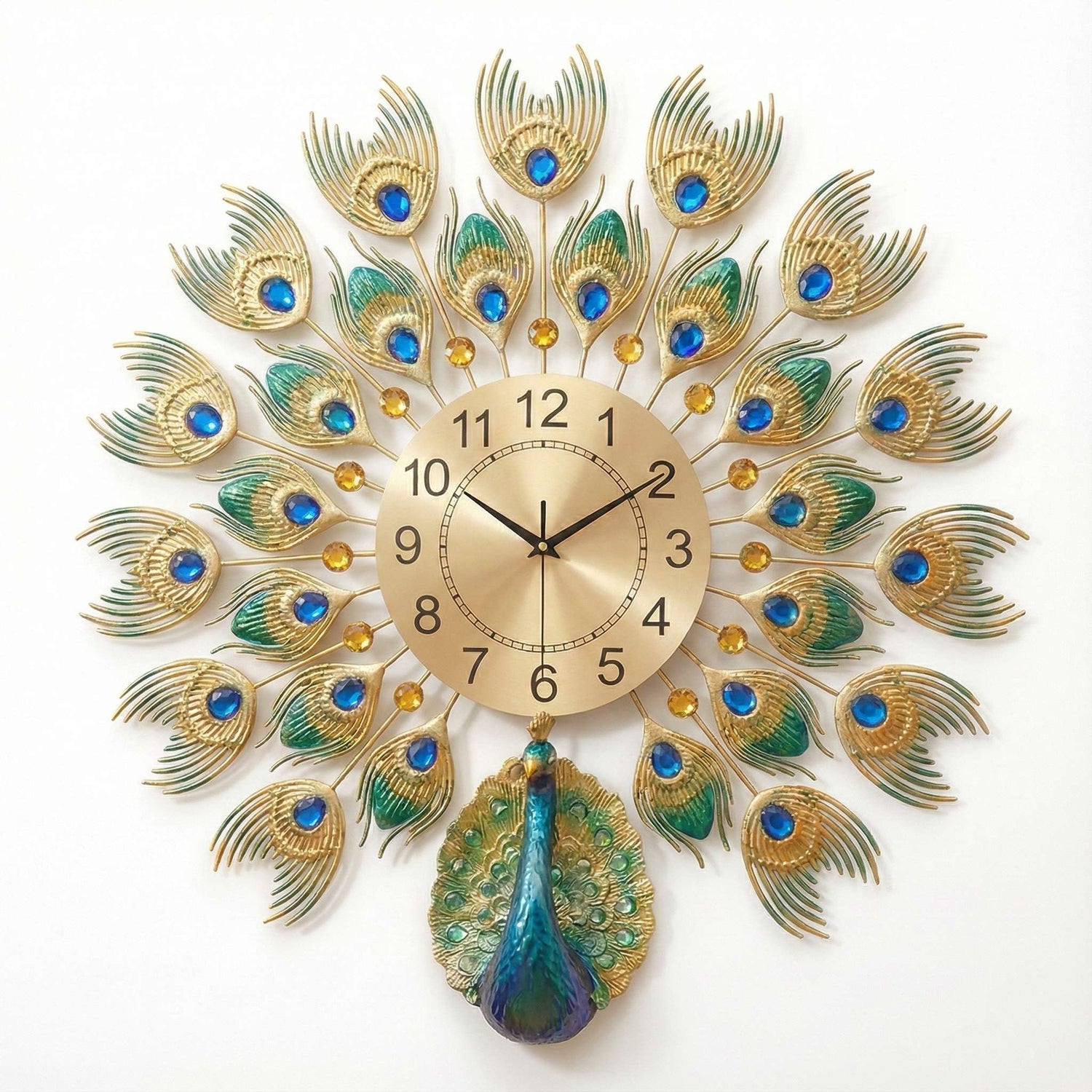 Luxurious Large Peacock Wall Clock - Gold &amp; Blue Jeweled Metal Art Decor (55cm)