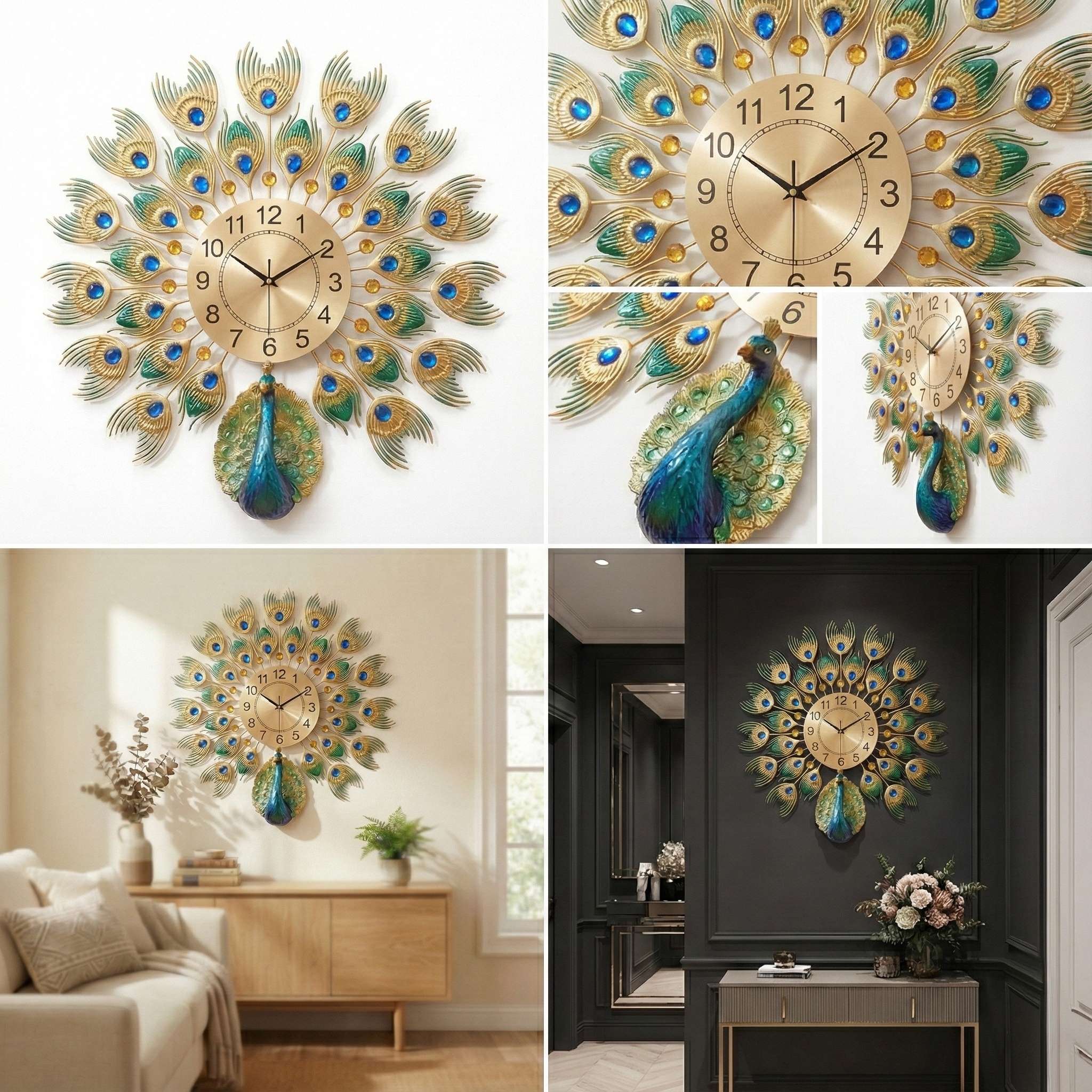 Luxurious Large Peacock Wall Clock - Gold &amp; Blue Jeweled Metal Art Decor (55cm)