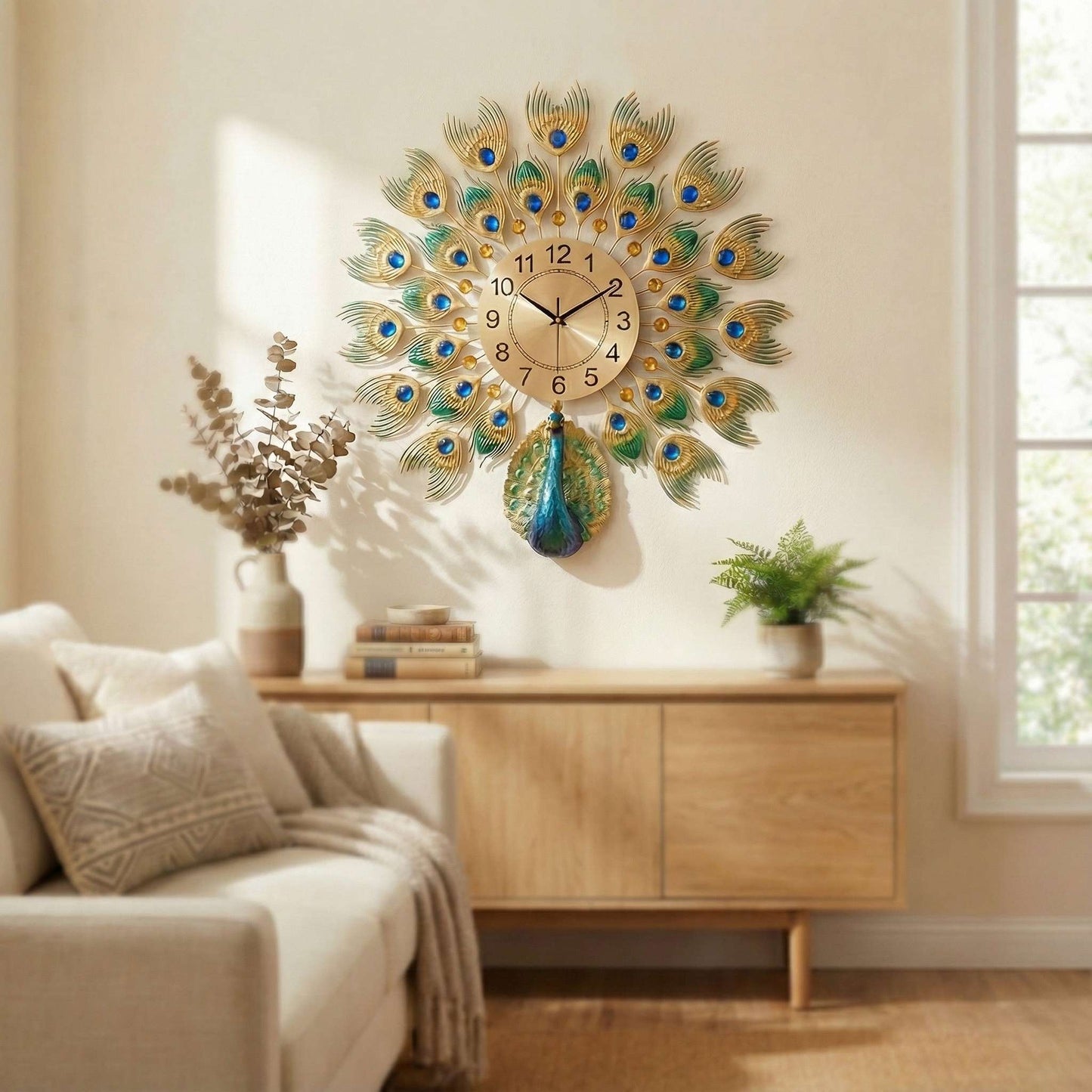 Luxurious Large Peacock Wall Clock - Gold & Blue Jeweled Metal Art Decor (55cm)