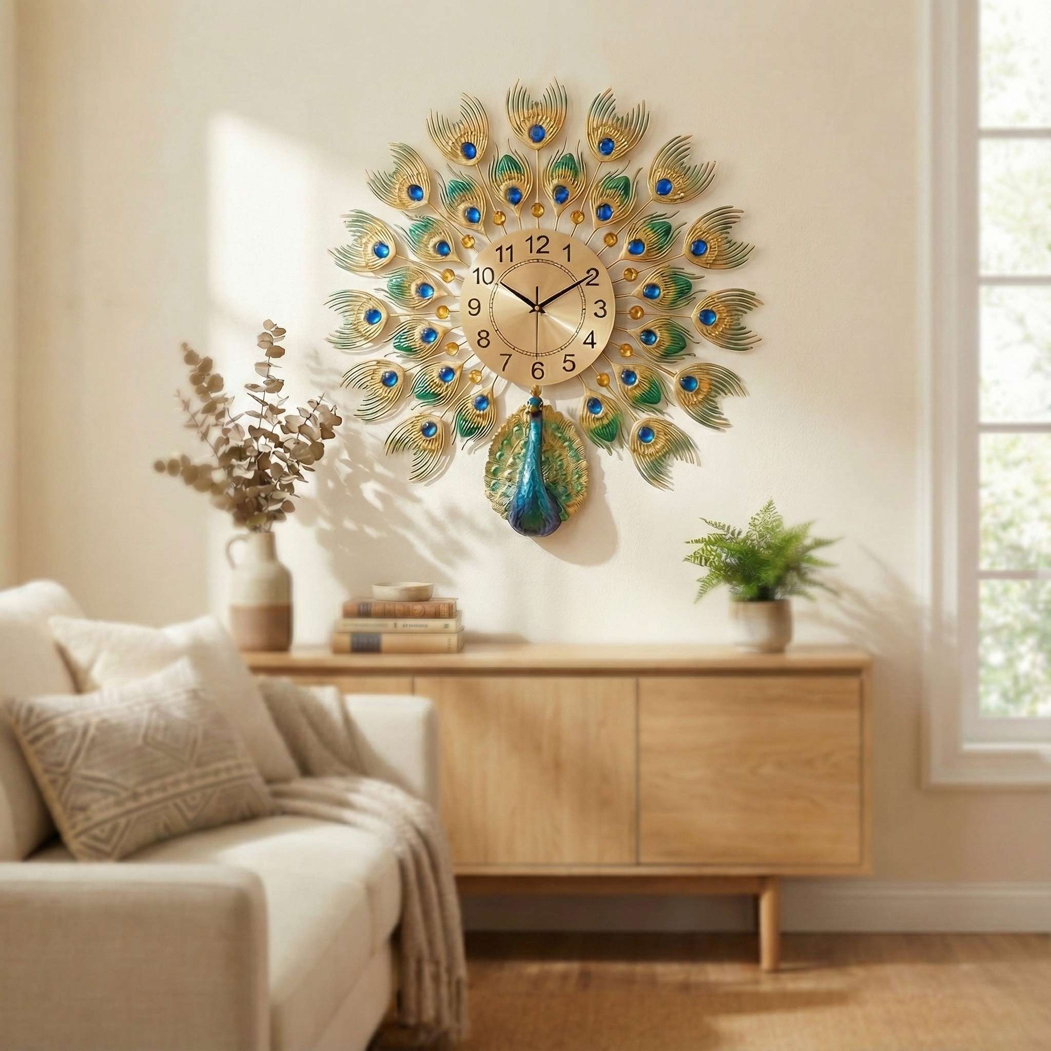 Luxurious Large Peacock Wall Clock - Gold &amp; Blue Jeweled Metal Art Decor (55cm)