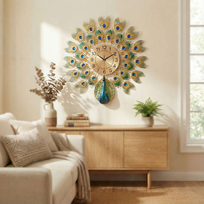 Luxurious Large Peacock Wall Clock - Gold & Blue Jeweled Metal Art Decor (55cm)