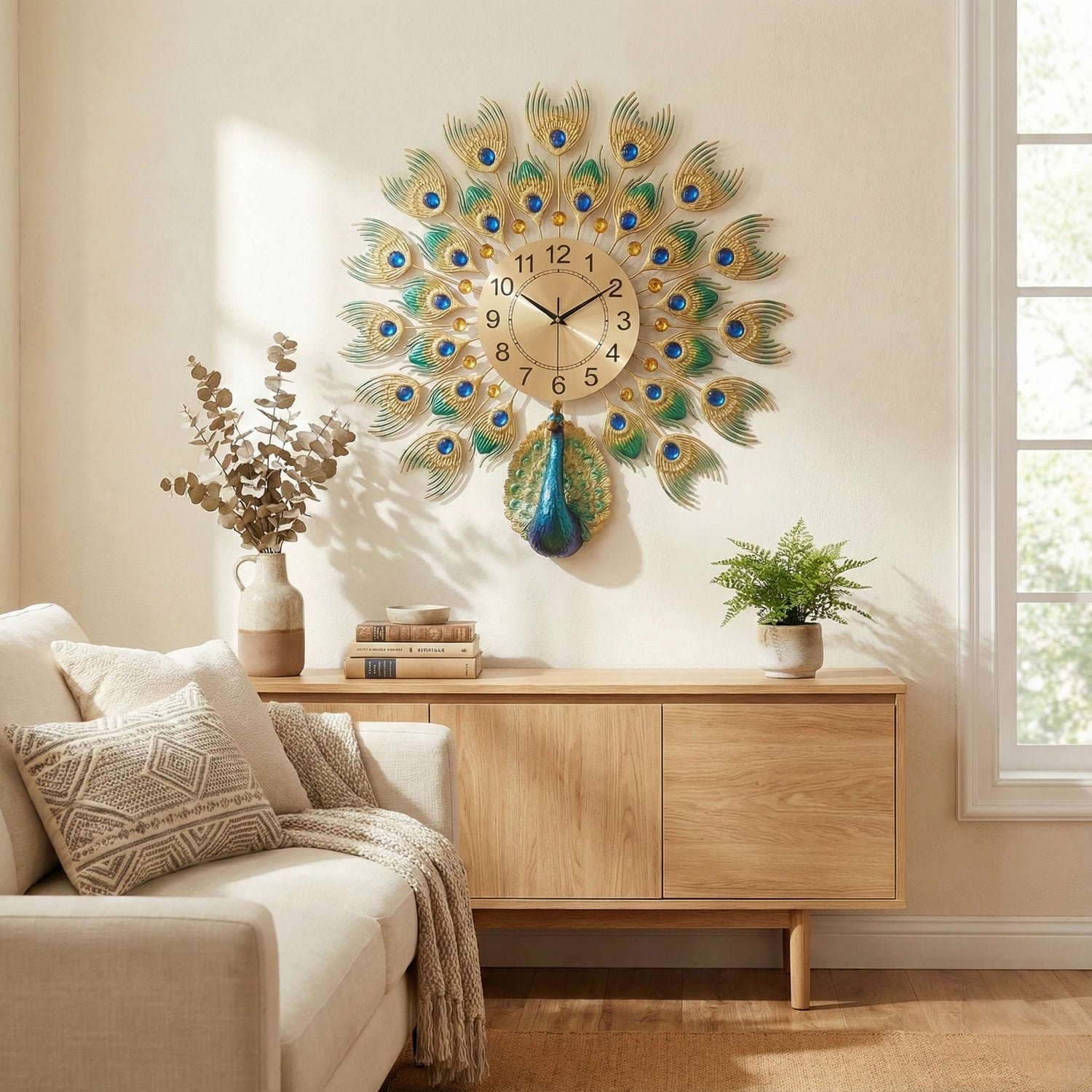 Luxurious Large Peacock Wall Clock - Gold &amp; Blue Jeweled Metal Art Decor (55cm)