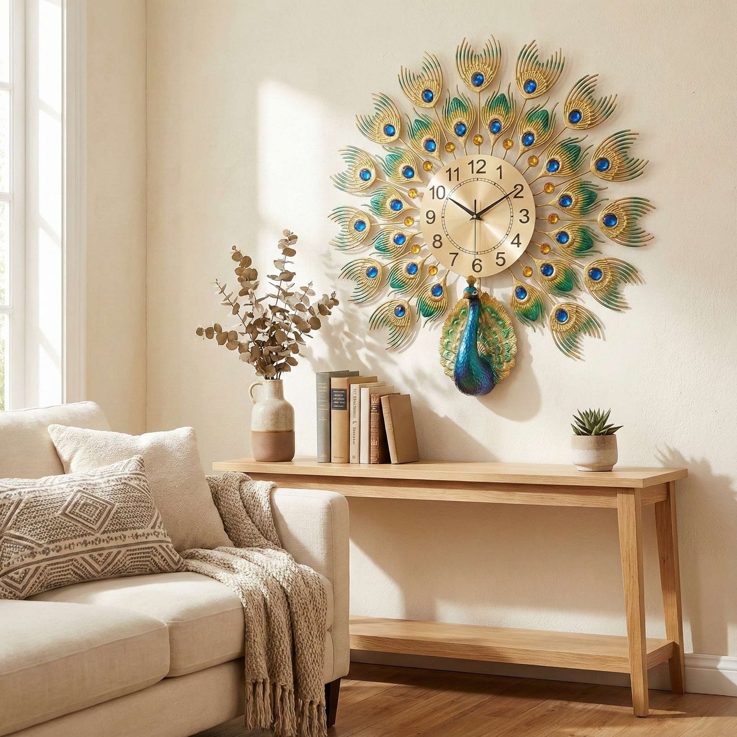 Luxurious Large Peacock Wall Clock - Gold &amp; Blue Jeweled Metal Art Decor (55cm)
