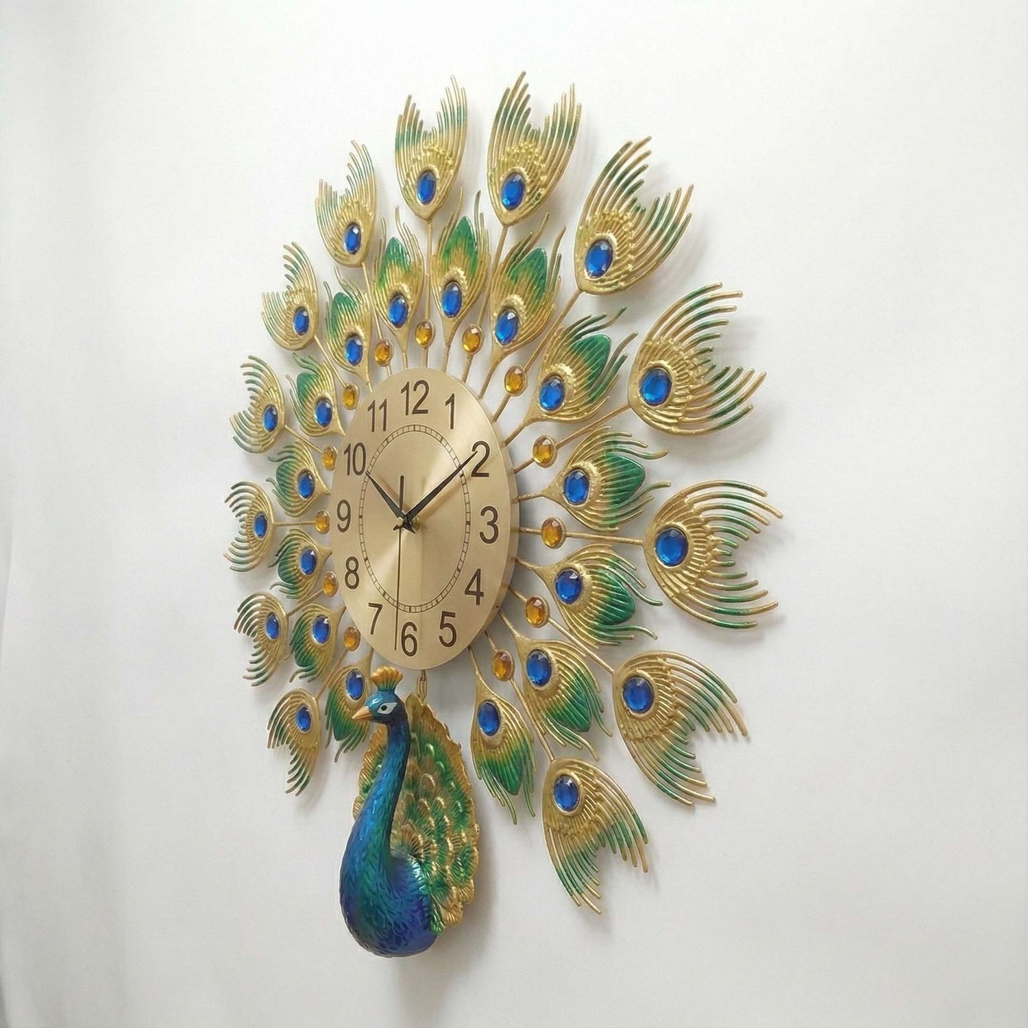 Luxurious Large Peacock Wall Clock - Gold &amp; Blue Jeweled Metal Art Decor (55cm)
