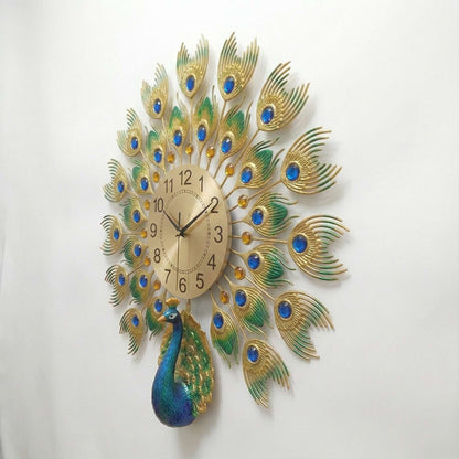 Luxurious Large Peacock Wall Clock - Gold & Blue Jeweled Metal Art Decor (55cm)