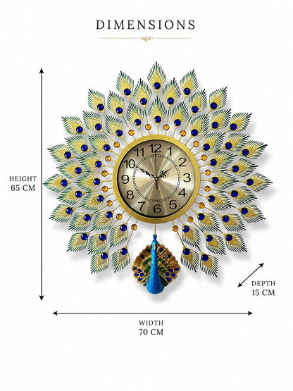 Peacock decorative wall clock dimensions showing 70 cm width, 65 cm height and 15 cm depth