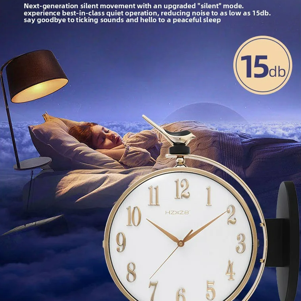 Person sleeping with a clock showing 15db noise level, indicating a quiet operation feature.