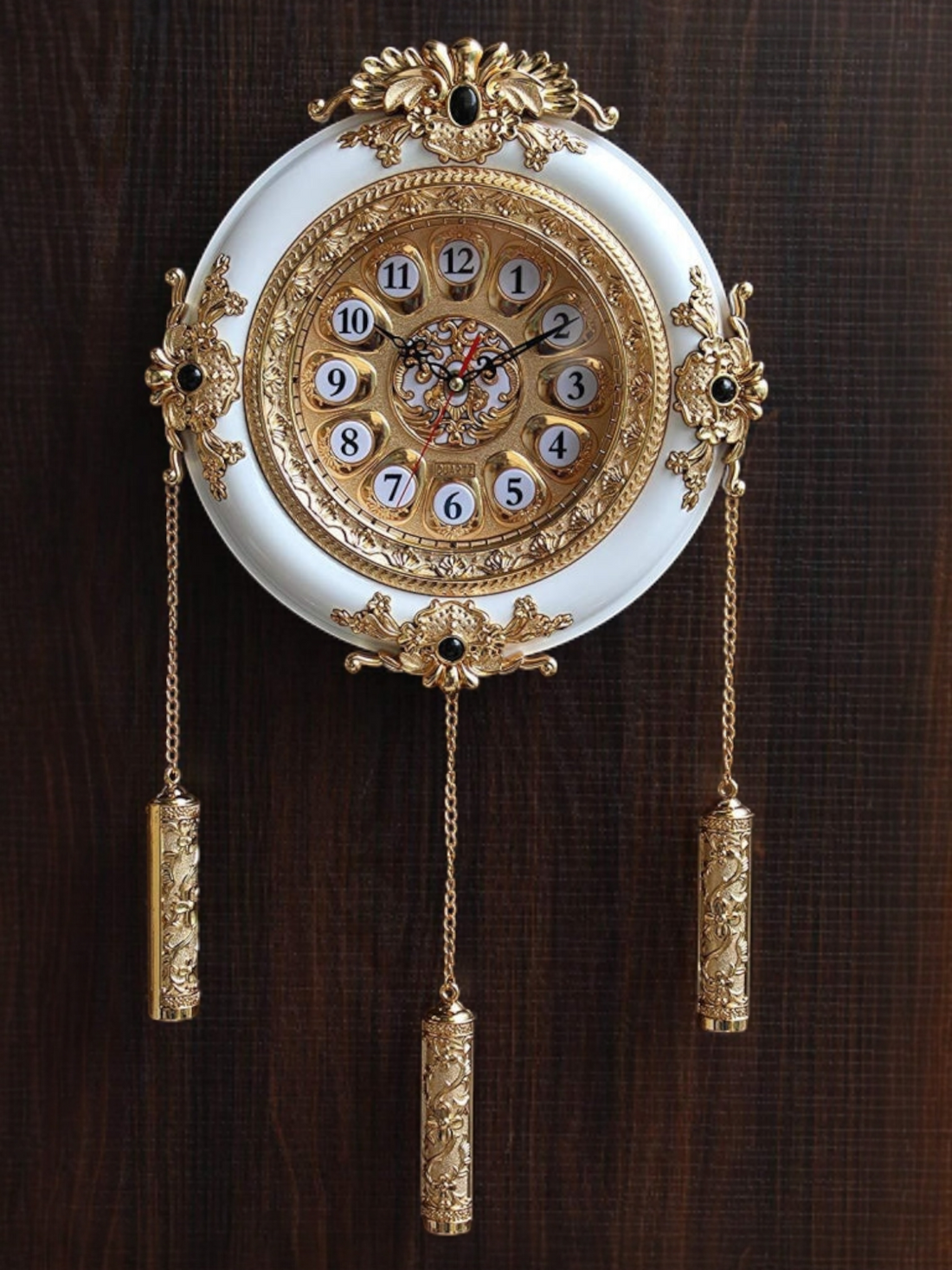FunkyDecors Royal Designer Gold Plated White Premium String Hanging Wall Clock for Home Office Decor 55 cm Tall