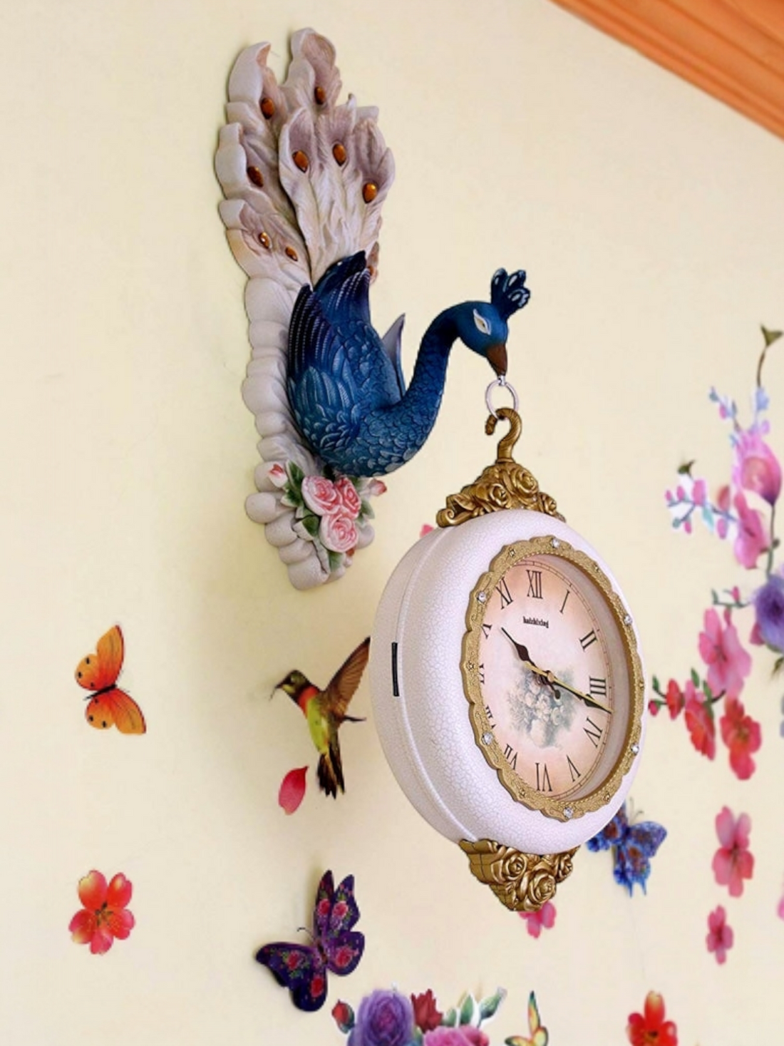 FunkyDecors Royal Multicolor Dual Hanging Peacock Wall Clock for Home Office Decor and Gifts 75 CM Tall