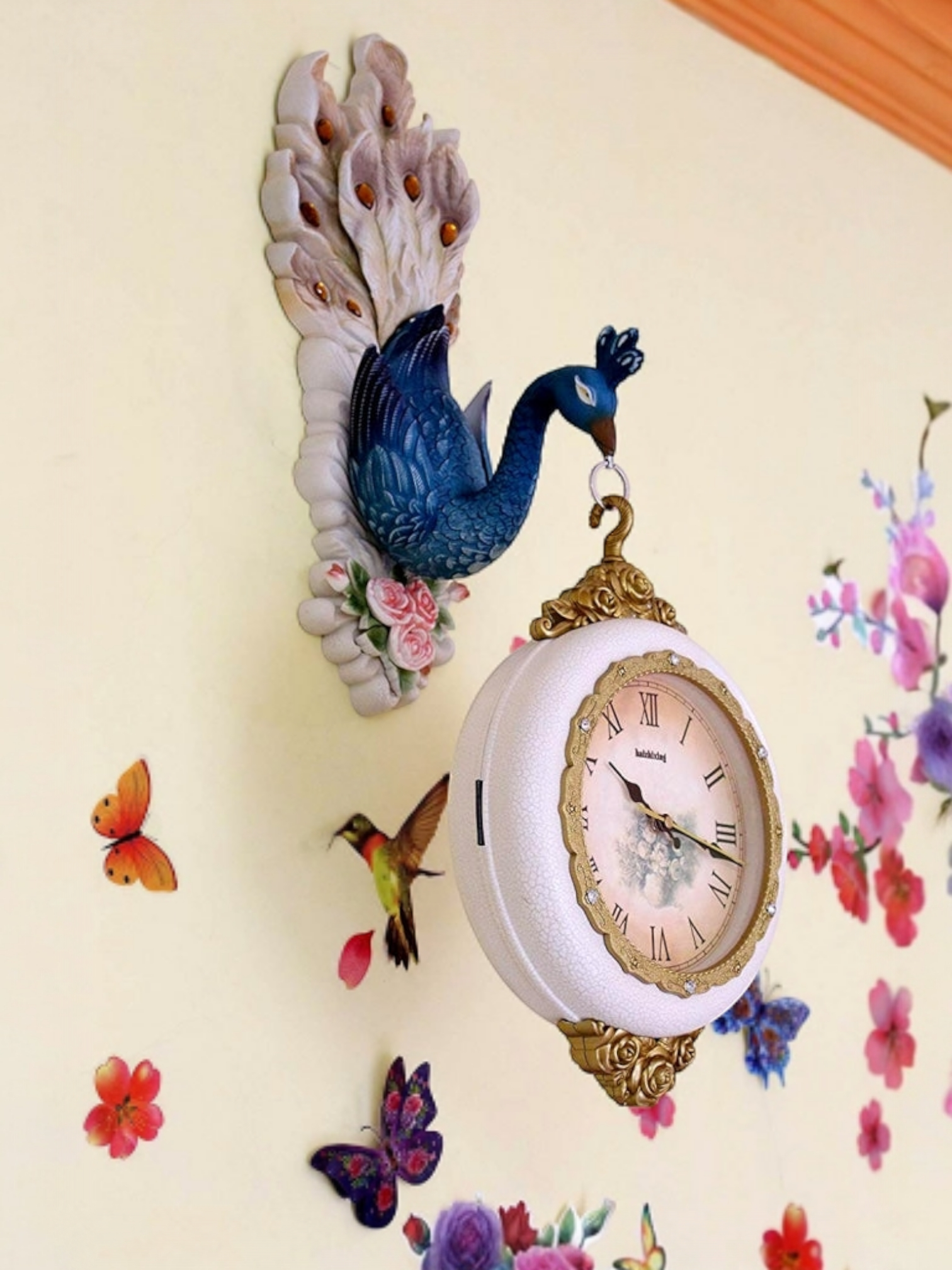 FunkyTradition Royal Multicolor Dual Hanging Peacock Wall Clock for Home Office Decor and Gifts 75 CM Tall