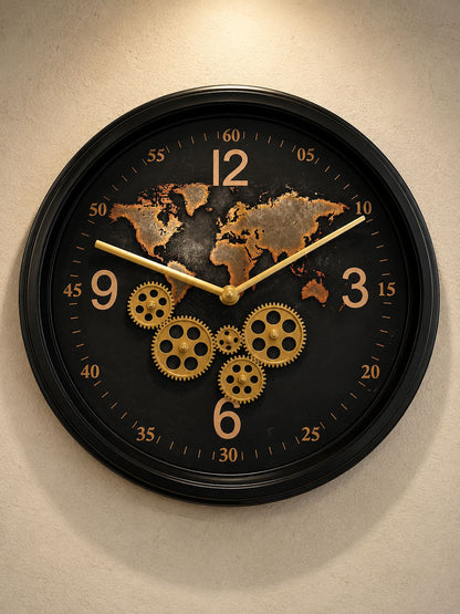 Premium black metal wall clock featuring decorative gears and world map artwork