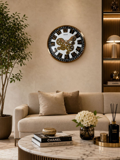 Premium decorative gear wall clock styled in a contemporary luxury living room