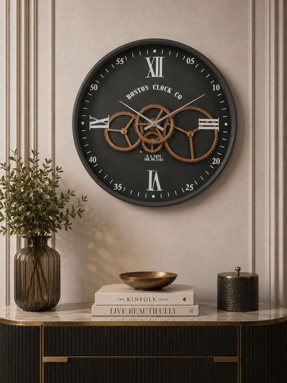 Premium metal moving gear wall clock highlighting silent quartz movement and durability