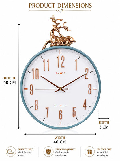 Product dimensions diagram for a Baoli wall clock, showing a round clock with a white face, blue-gray rim, bronze deer figurine on top, and dimension labels for height 50 cm, width 40 cm, and depth 5 cm on a white background.