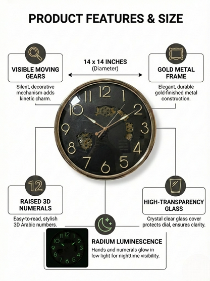Product features and size of a decorative wall clock with gold metal frame.