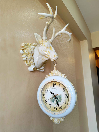 Royal Vintage Design Dual Hanging Reindeer Head Wall Clock for Home Office Decor and Gifts 75 CM Tall