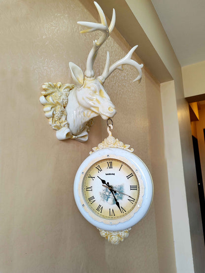 Royal Vintage Design Dual Hanging Reindeer Head Wall Clock for Home Office Decor and Gifts 75 CM Tall