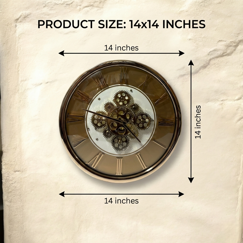 Roman numeral industrial wall clock with moving gears