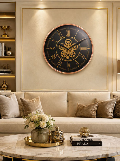 Rose Gold Designer Wall Clock Above Luxury Sofa