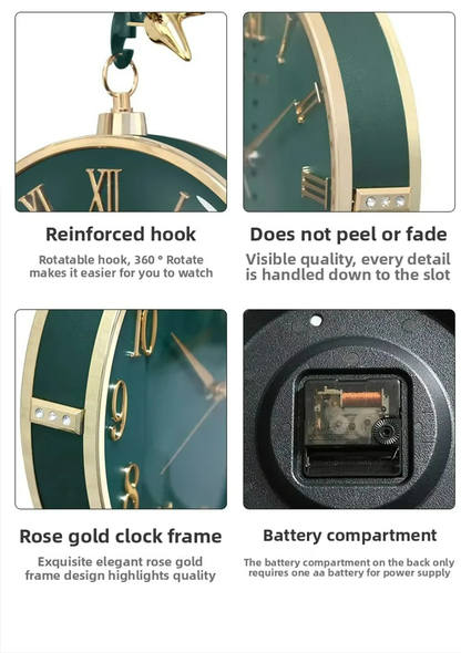 Rose gold clock with detailed features on a white background
