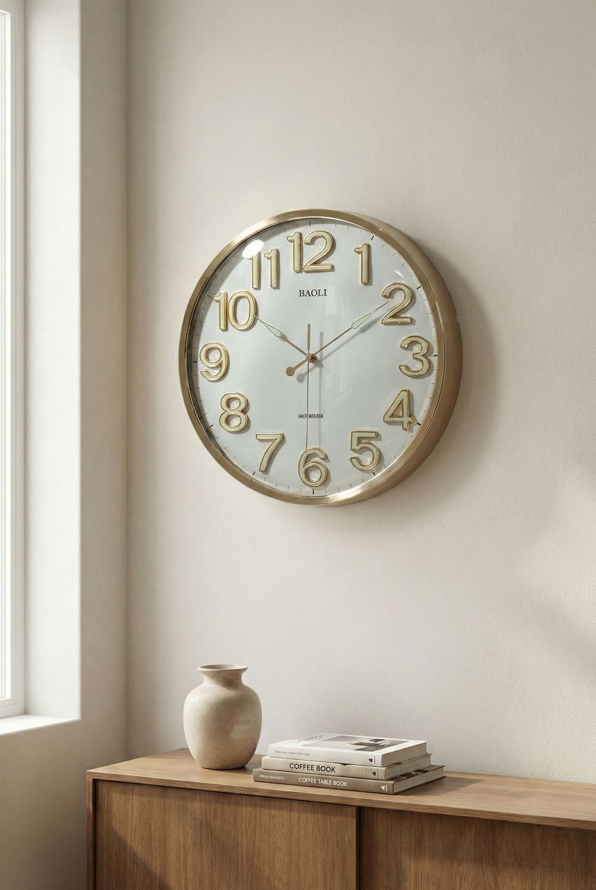 Round wall clock on a beige wall with a wooden side table and vase below.