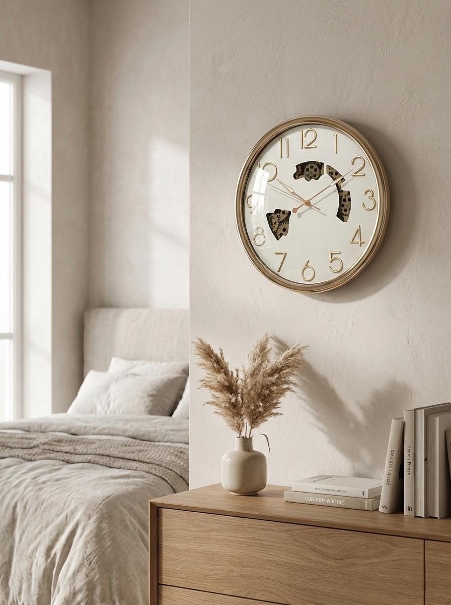 Round wall clock on a neutral wall above a wooden dresser with decor items.