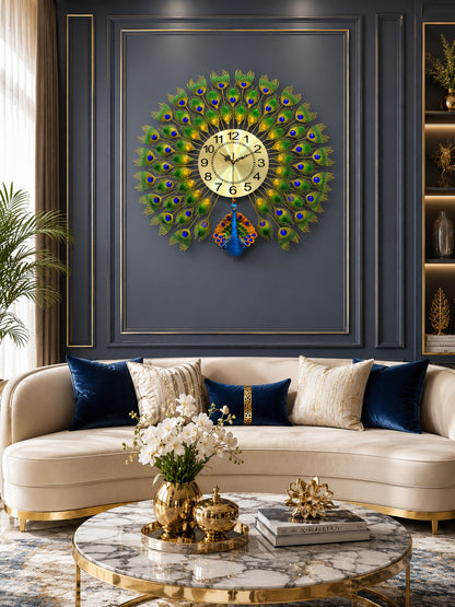 Royal peacock wall clock displayed in luxury entrance foyer with designer console