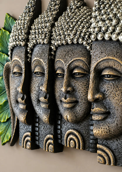 Five-Face Buddha Wall Art with Green Leaf Accents – Antique Stone Finish Decorative Wall Sculpture | FunkyTradition