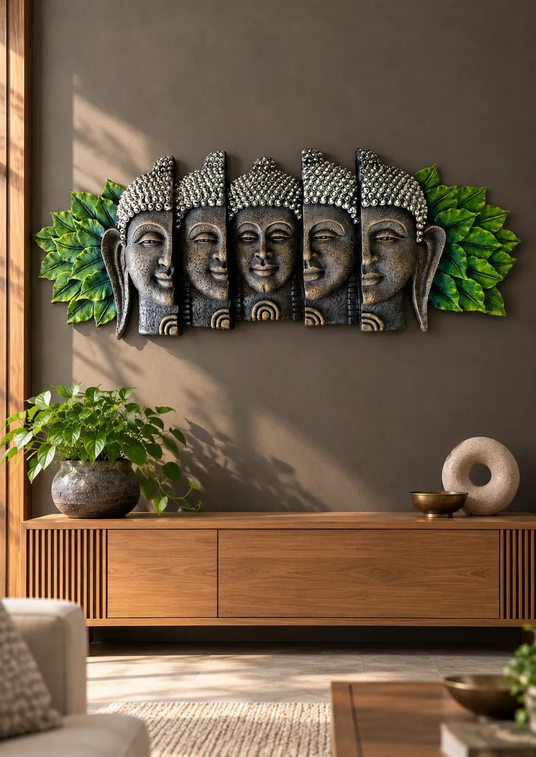 Five-Face Buddha Wall Art with Green Leaf Accents – Antique Stone Finish Decorative Wall Sculpture | FunkyTradition