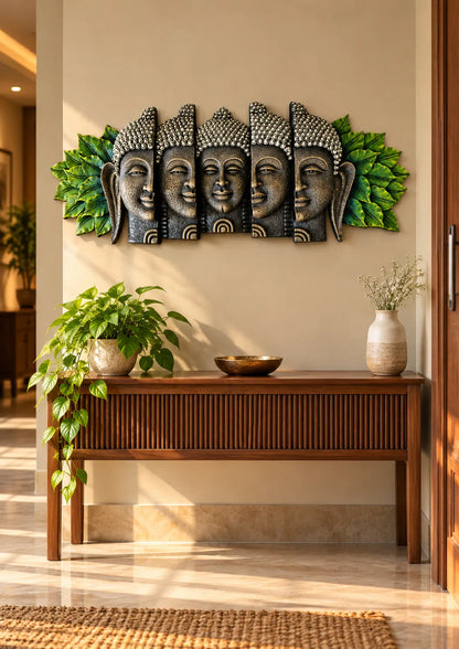 Five-Face Buddha Wall Art with Green Leaf Accents – Antique Stone Finish Decorative Wall Sculpture | FunkyTradition
