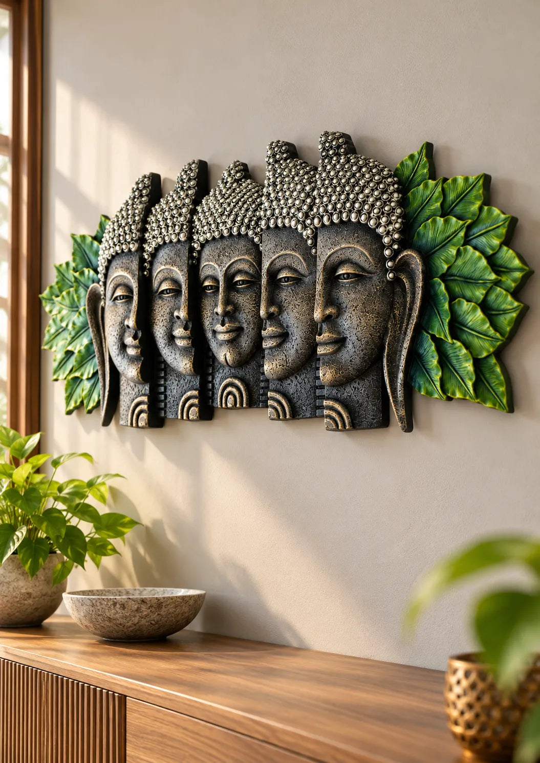 Five-Face Buddha Wall Art with Green Leaf Accents – Antique Stone Finish Decorative Wall Sculpture | FunkyTradition