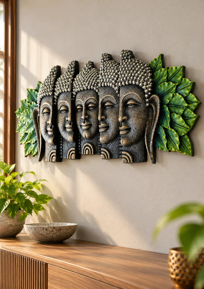 Five-Face Buddha Wall Art with Green Leaf Accents – Antique Stone Finish Decorative Wall Sculpture | FunkyTradition