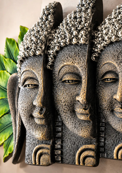 Five-Face Buddha Wall Art with Green Leaf Accents – Antique Stone Finish Decorative Wall Sculpture | FunkyTradition