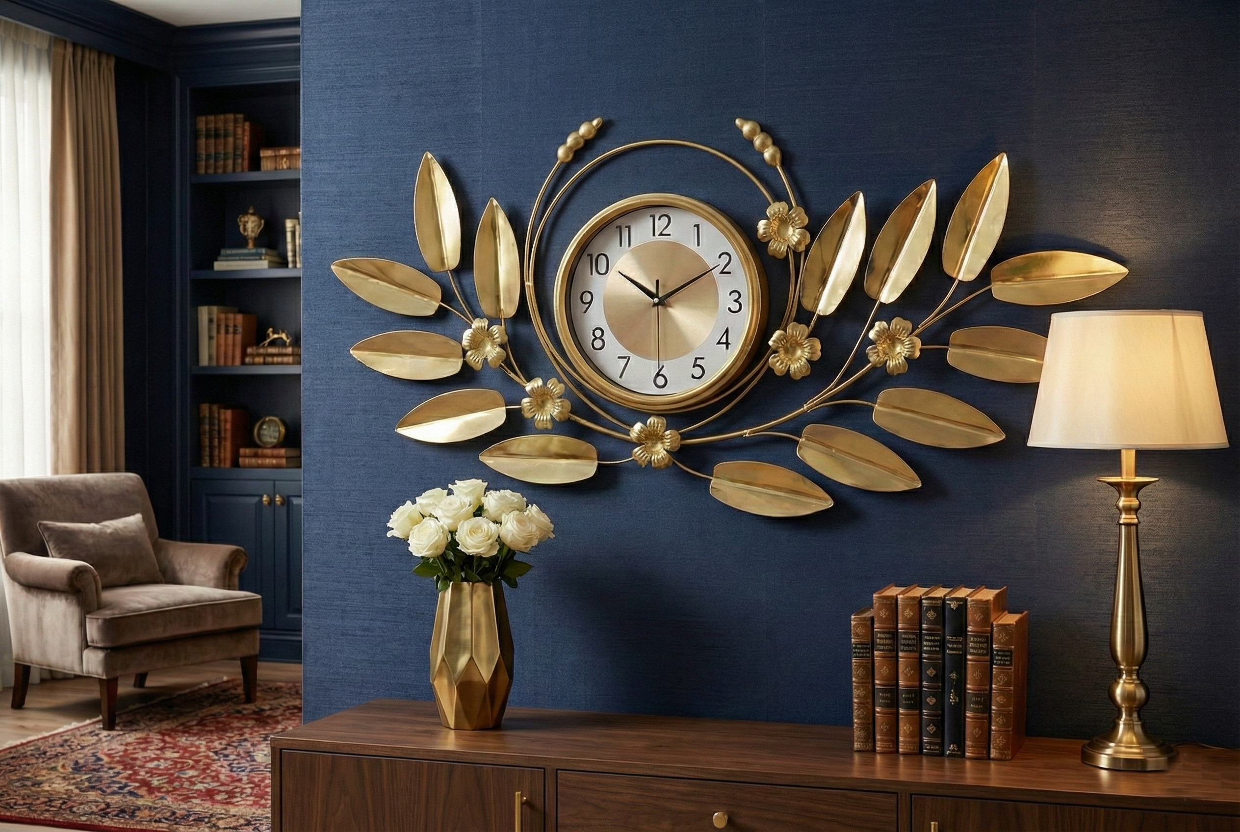 Side view of 90cm luxury wall clock showing 3D metal art structure.
