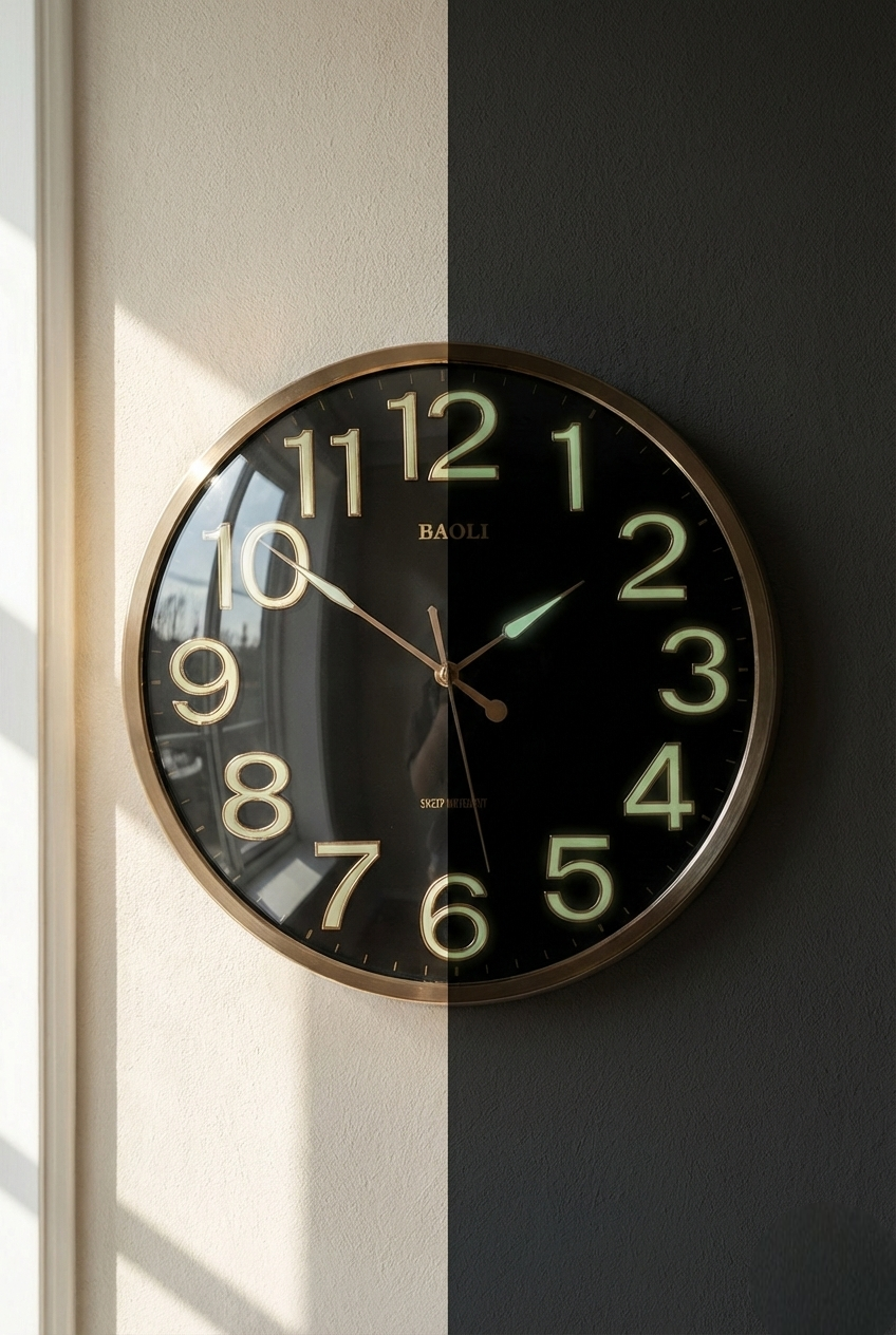 Silent sweep wall clock with radium glow numbers