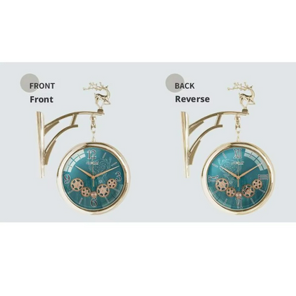 Teal clock with gold frame showing front and reverse views on a white background