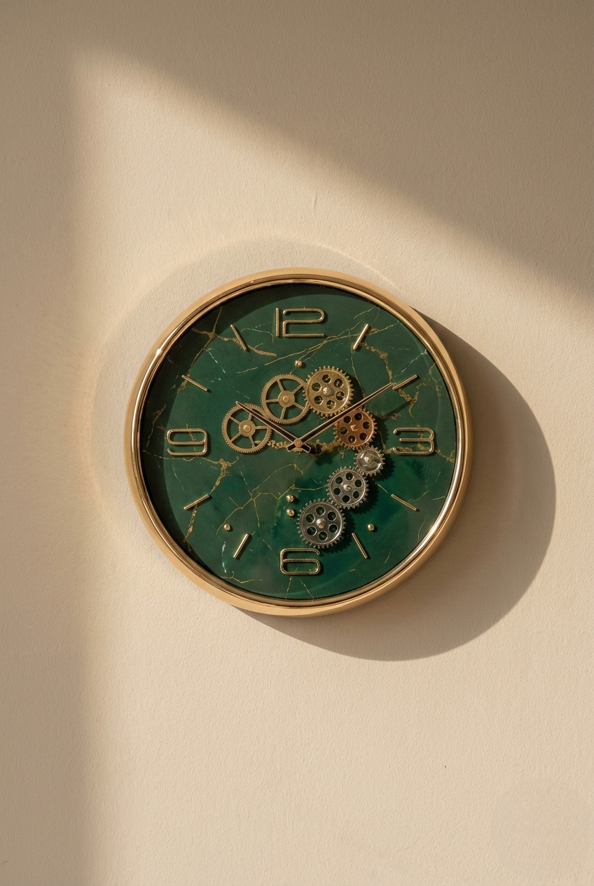 Decorative wall clock with gear design in a cozy living room setting.