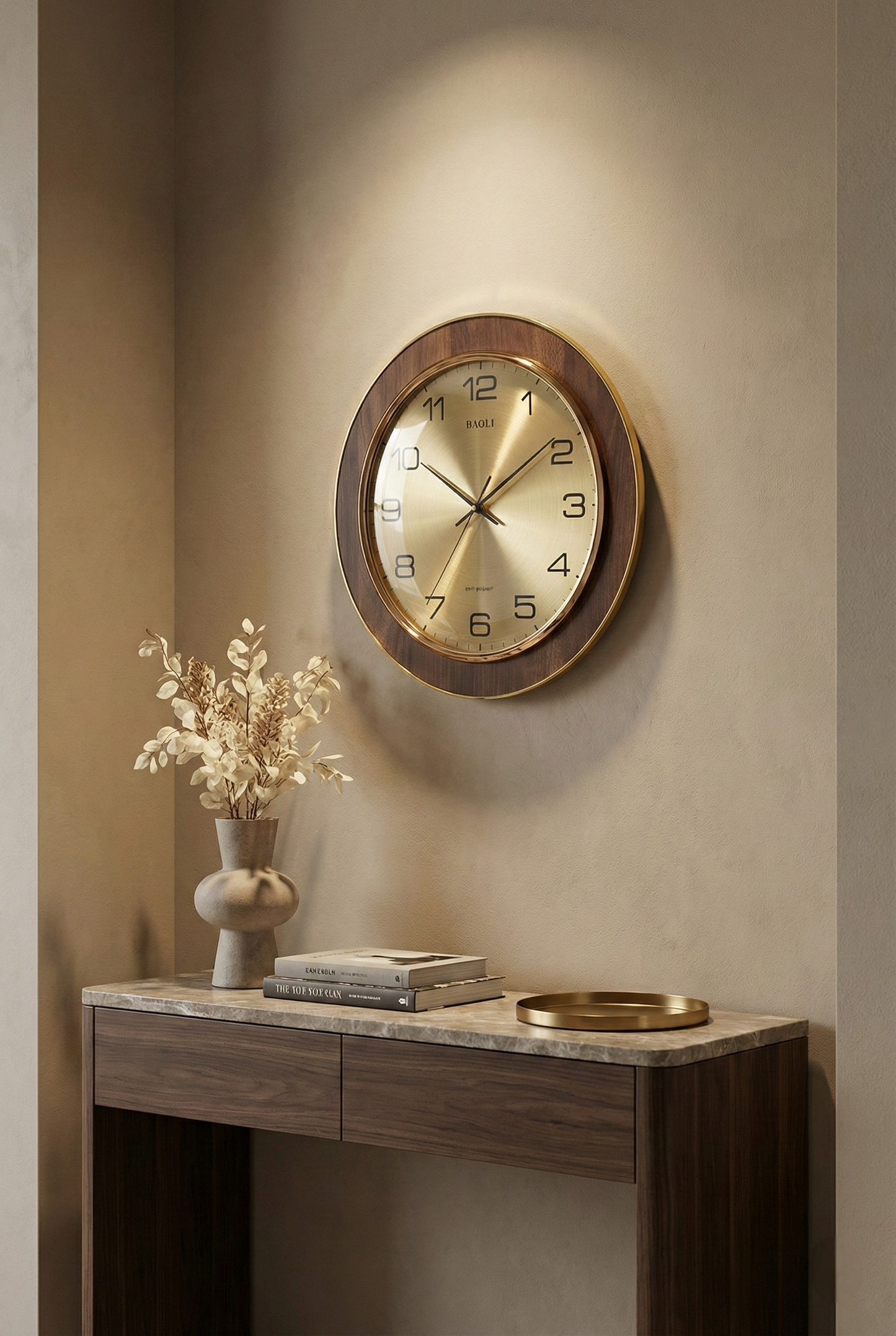Wall clock on a wall above a wooden console table with decorative items.