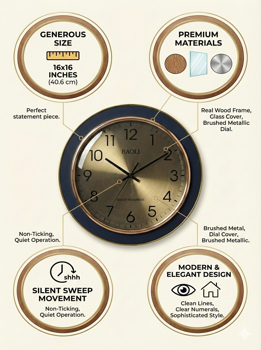 The Wall clock with features highlighted on a beige background