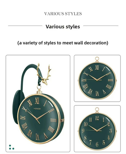 Three green wall clocks with gold accents on a white background
