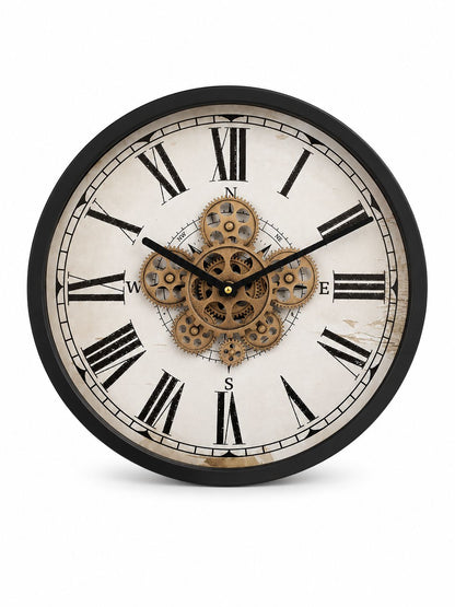Vintage Moving Gear Metal Wall Clock Front View with Roman Numerals