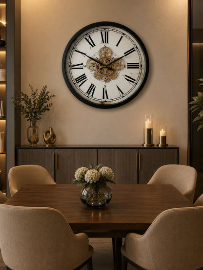 Vintage Roman Numeral Wall Clock in Modern Dining Room